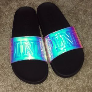 NWT LARGE IRIDESCENT PINK SLIDES